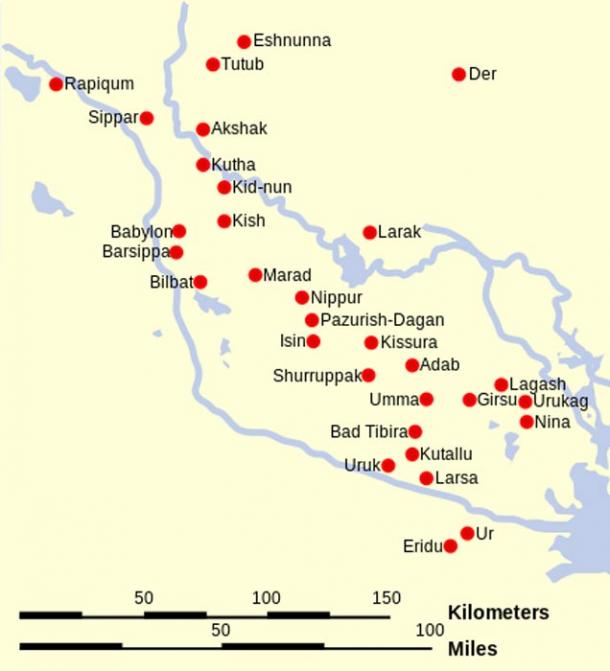 Map with the locations of the main cities of Sumer and Elam. (Modern Iraq)