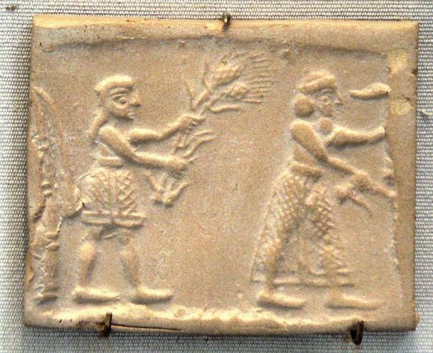 Sumerian cylinder seal impression dating to c. 3200 BC, showing an ensi (king-priest) and his acolyte feeding a sacred herd.