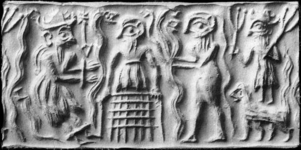 Una antigua impresión de sello cilíndrico sumerio en el Museo Británico que muestra al dios Dumuzid, flanqueado por una serpiente, siendo torturado en el inframundo por demonios fantasma galla. Es una de las primeras representaciones de fantasmas en el inframundo. (Dominio publico)
