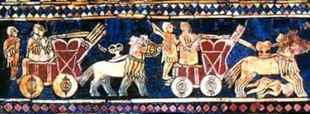 Sumerian chariots drawn by kungas, illustrated on the Standard of Ur. (CC0)
