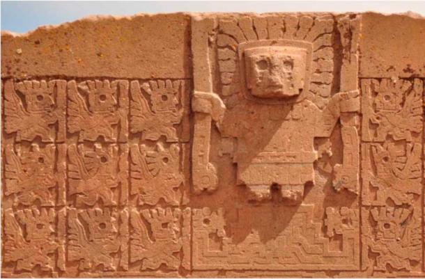 A detail of the Sun Gate of Tiahuanaco. In the second row there is a sequence of men-condors carrying the Saturri or power staff of the Andean tradition. The central figure of the gate is Huirajocha Tauapácac and he carries in his left hand a staff with two condor heads. (Author supplied)