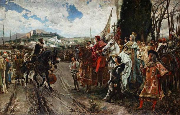 The Surrender of Granada, by Francisco Pradilla, representing the handing over of the keys of Granada by Boabdil to the Catholic Kings, after the Reconquista of Spain. (Public domain)