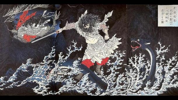 Susanoo no Mikoto slays the 8 – headed serpent Yamata-no-Orochi upstream of the river at Hirokawa in Izumo Province