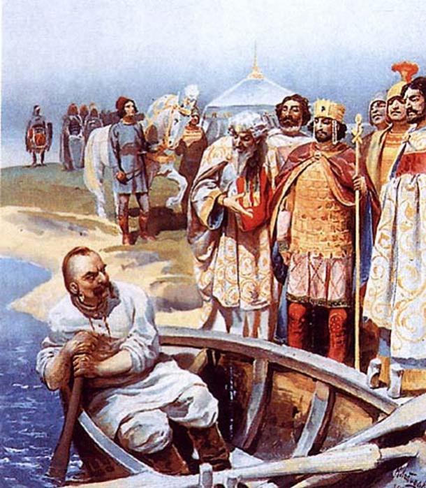 Sviatoslav I of Kiev (in boat), destroyer of the Khazar Khaganate. (Public Domain)