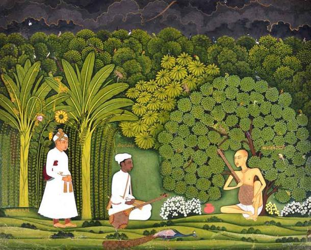 Swami Haridasa with Tansen and Akbar at Vrindavana. (Public domain)
