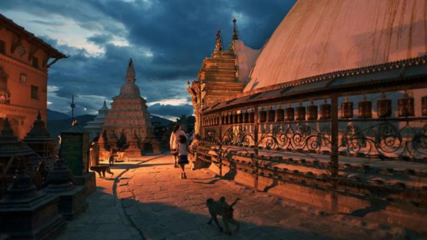 Swayambhunath at night in modern Kathmandu.