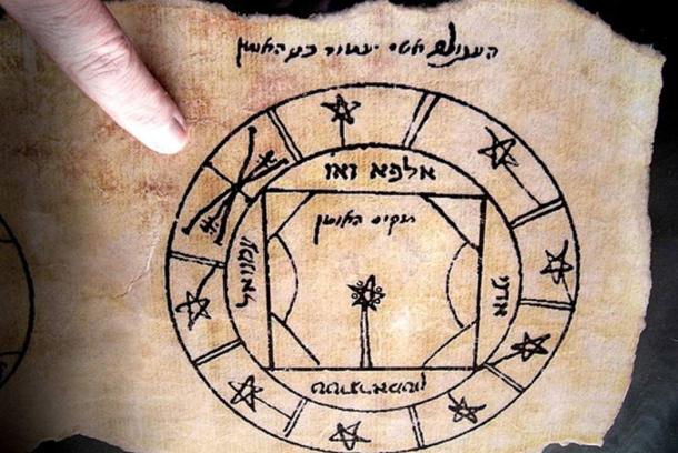 Photograph of a (a portion of) copied pictogram cipher from the Hebrew Key of Solomon talisman (BL Oriental MS 14759 fol. 35a), held by Wayne Herschel. (Wayne Herschel/CC BY SA 4.0)