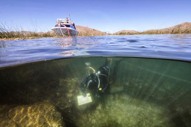 Systematic underwater archaeological excavations from an underwater ceremonial location near the Island of the Sun in Lake Titicaca, Bolivia. (Teddy Seguin)