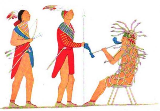 Iroquois painting of Tadodaho receiving two Mohawk chiefs
