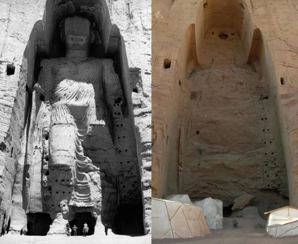 Taller Buddha of Bamiyan in 1963 and in 2008 after destruction