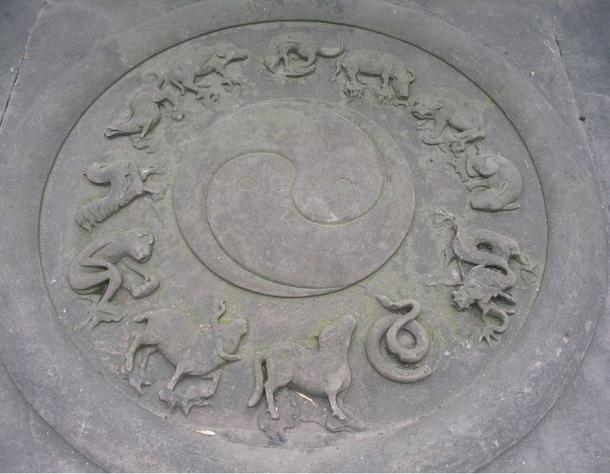 Daoist (Taoist) symbols carved in stone: yin-yang and animals of the Chinese zodiac. Qingyanggong temple, Chengdu, Sichuan, China.