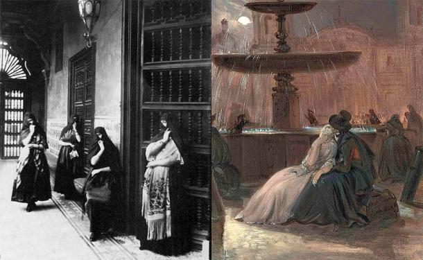 Left. Tapadas Limeñas in a photo by Eugenio Courret. (Public domain) Right: A lovers’ tryst by moonlight in Lima’s Plaza Mayor by Mauro Rugendas. (Public domain)