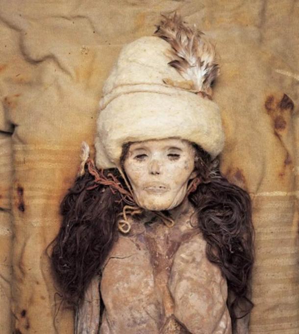 One of the Tarim Basin mummies, a naturally mummified woman excavated at the Xiaohe cemetery. (Wenying Li / Xinjiang Institute of Cultural Relics and Archaeology)