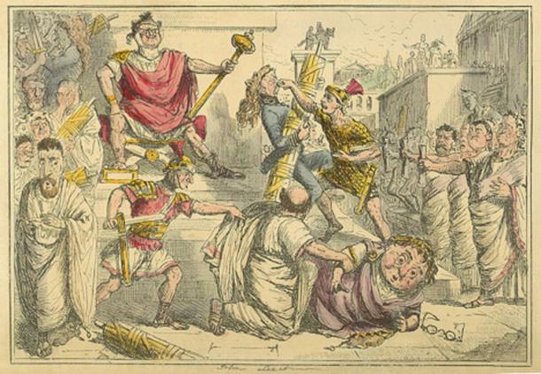 ‘Tarquinius Superbus makes himself King’ in The Comic History of Rome by Gilbert Abbott A Beckett. (ca. 1850)