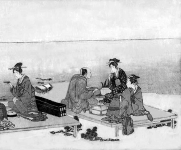Eiri，1790-1800，日本。 海边喝茶。 我们在表格中看到的远东直线平行透视图。