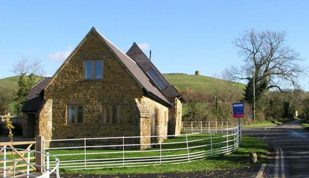 The Templar’s chapel at Temple Herdewyke, now converted into a house, with the Phoenix Beacon on the hill behind.