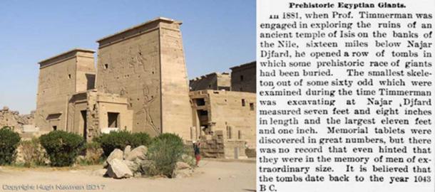The Temple of Isis on Philae Island with the newspaper account detailing the discovery of giants. Photo by Hugh Newman.