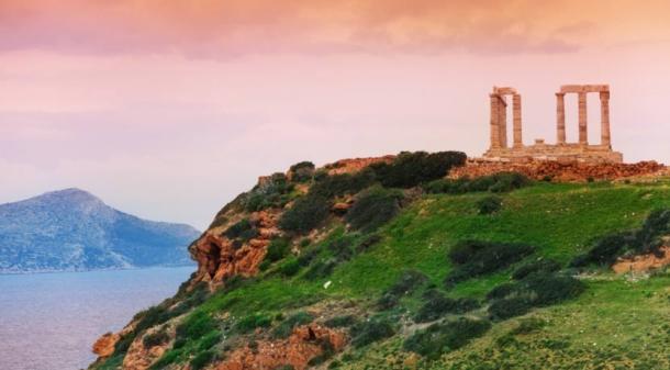 The cliff of Cape Sounion and the Temple of Poseidon, Greece.