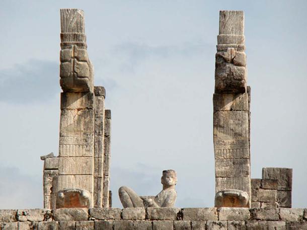 Detail of Temple of the Warriors at Chichen Itza, showing a statue of Chac-mool. (