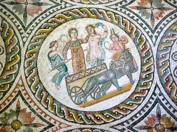 Mosaic from the Temple of Liber Pater (detail), Triumph of Bacchus and Ariadne, Roman Museum of Sabratha, Libya. (Franzfoto/CC BY-SA 3.0)