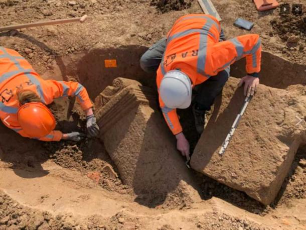 Temple altar stones and pillars being excavated at the site. (RAAP)