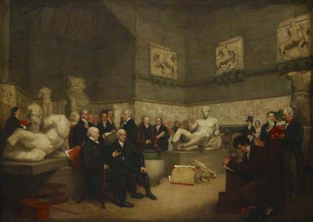 An idealised view of the Temporary Elgin Room at the Museum in 1819, with portraits of staff, a trustee and visitors.