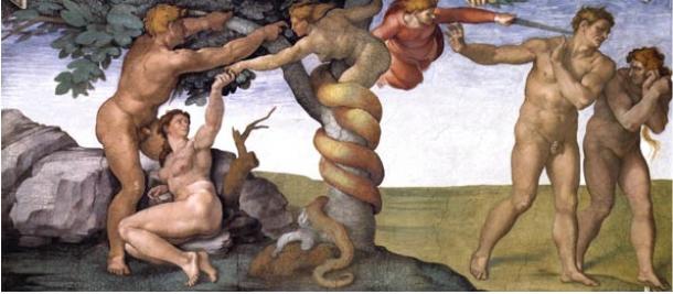 The temptation of Eve and expulsion of Adam and Even from Eden, a fresco of the Sistine Chapel by Michelangelo