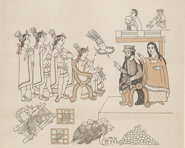Tenochtitlan, Entrance of Hernan Cortes. Cortes and La Malinche meet Moctezuma II. November 8, 1519.