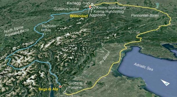 Tentative migration routes from northern Italy to Lower Austria. Sega di Ala is located near the important paleolithic site of Grotta di Fumane, Italy. Willendorf is located near a cluster of paleolithic sites from different epochs in Lower Austria . (Scientific Reports)