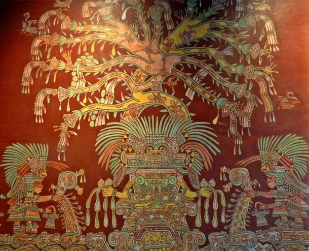The famous Teotihuacan Tepantitla mural, now in the collection of Mexico’s National Museum of Anthropology, depicts two attendants (left and right) offering hallucinogenic plants to a central deity or elite. (Juan Carlos Fonseca Mata / CC BY-SA 4.0)
