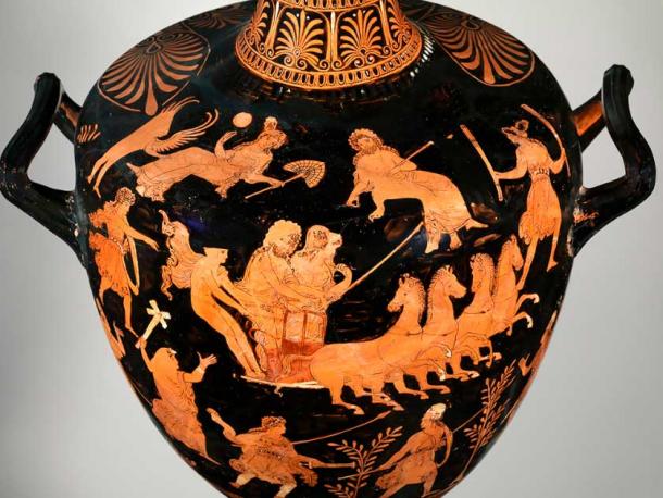 Terracotta water jar from circa 340 to 330 BC depicting the abduction of Persephone by Hades, surrounded by gods, including the torch-bearing Hecate in the top right. (Public domain)