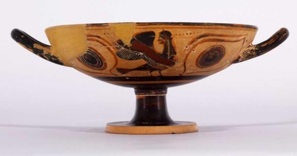 Terracotta two handed vase or Kylix, decorated with black Sirens. (Public domain)