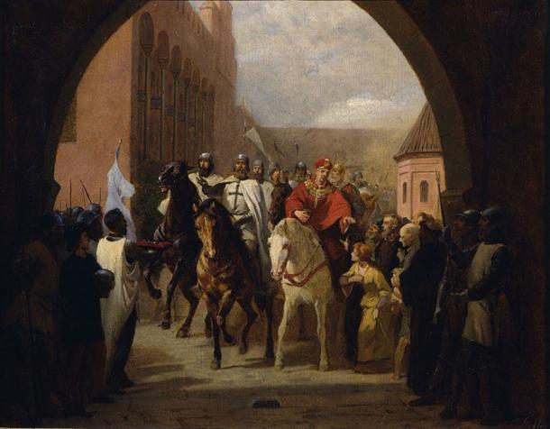 ‘Teutonic Knight entering Malbork Castle / Entering of the knights in the Marienburg (study)’ (1884) by Carl Steffeck. (Public Domain)