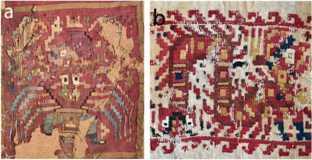 Textiles incorporating Moche and Wari images: left; crab man; Right; snake belt man.