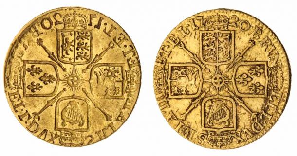 Thanks to a minting error, this 1720 George I guinea has two “tales” sides. It could be the most valuable of the coins discovered beneath the North Yorkshire village home’s kitchen floor. (Spink & Son)