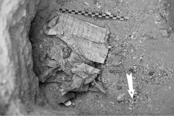 The papyri in situ in the northeast corner of the tomb. (Courtesy Basem Gehad/Artnet)