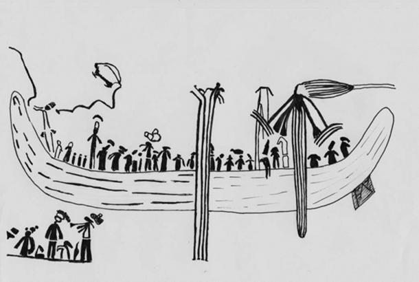 Fig. 1. Navire océanique vieux de 20 000 ans faisant partie de la collection d'art rupestre de Bradshaw, à Kimberly, en Australie occidentale (d'après Grahame L. Walsh). Pas moins de 20 figures humaines sont visibles dans sa coque (Image: © Andrew Collins).
