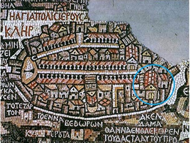 The 6th century Madaba mosaic appears to show the structure in the right-hand corner of the map, next to Hagia Sion. (Biblical Archaeology)