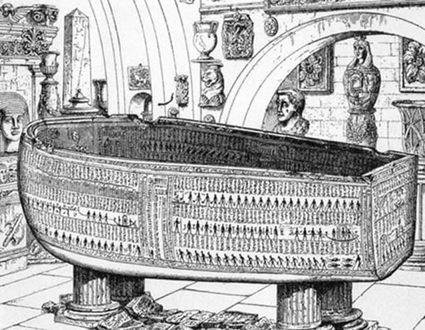 The 9ft 4in alabaster coffin of Seti l now on display at the Soane Museum in London. From Sarcophagus of Seti I, King of Egypt, B.C. 1370 by E.A. Wallis Budge, Sir John Soane's Museum. 1908.