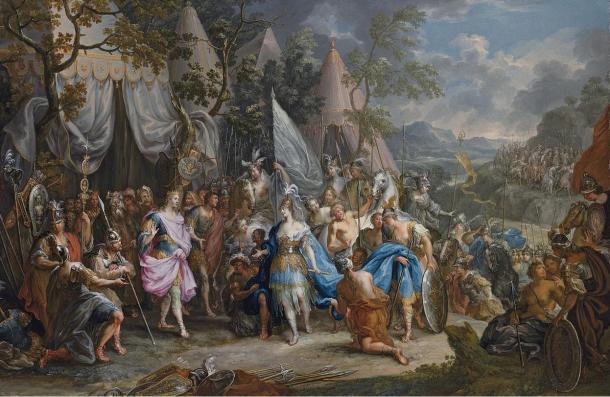 An 18th-century Rococo painting of ‘The Amazon Queen Thalestris in the Camp of Alexander the Great’, by Johann Georg Platzer