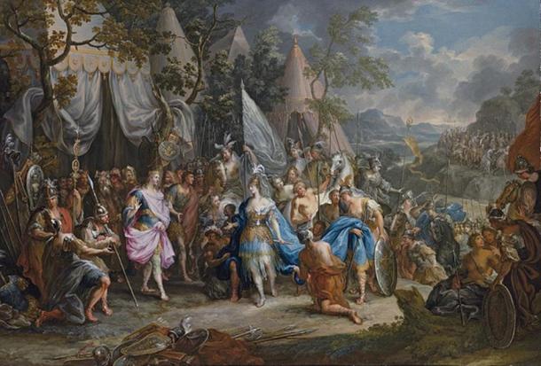 An 18th-century Rococo painting of The Amazon Queen Thalestris in the Camp of Alexander the Great, by Johann Georg Platzer