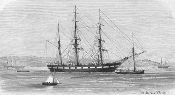The Barque Chevert moored in Elizabeth Bay, 1875, prior to the departure of the New Guinea Expedition. Anonymous, ‘The New Guinea Expedition’, Australasian Sketcher June 12, 1875, 38 & 44. (Public Domain)