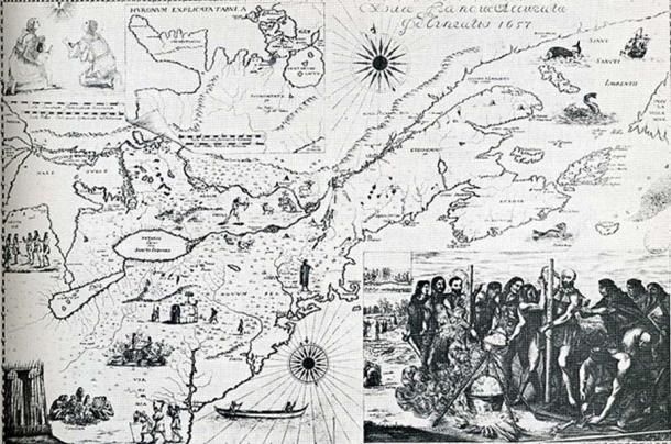 The Bressani map of 1657 depicts the martyrdom of Jean de Brébeuf and Gabriel Lalemant. (Public Domain)