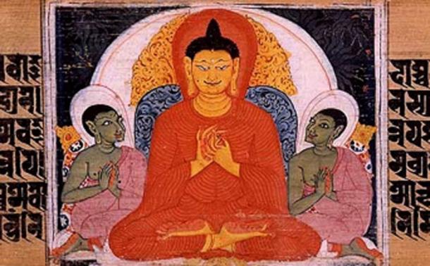 The Buddha teaching the Four Noble Truths. Sanskrit manuscript. Nalanda, Bihar, India. 