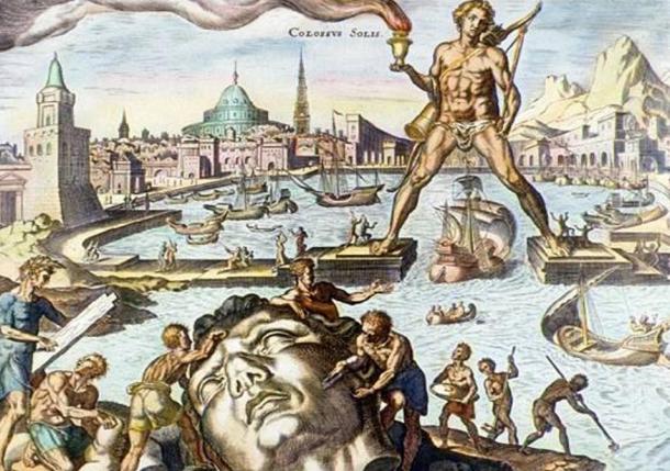 The Colossus of Rhodes, depicted in this hand-colored engraving, was built about 280 BC. Standing 30 meters (100 feet) high, it was built to guard the entrance to the harbor at Rhodes. The ancient Greeks and Romans considered it to be one of the Seven Wonders of the World. 