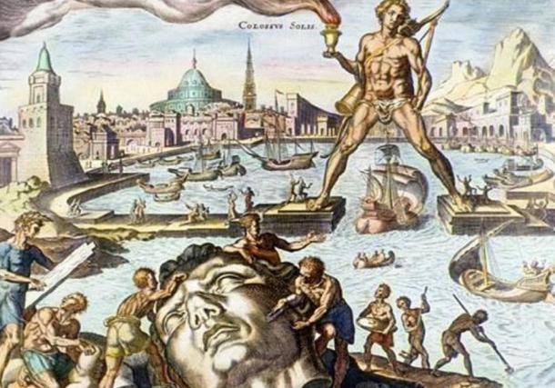 The Colossus of Rhodes, depicted in this hand-colored engraving, was built about 280 BC. Standing 30 meters (100 feet) high, it was built to guard the entrance to the harbor at Rhodes. 