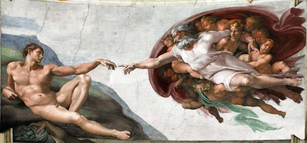 The Creation of Adam is a fresco painted by Michelangelo, the work started at 1508 and finished 1512, it appears on the ceiling of the Sistine Chapel. It illustrates the Biblical story from the Book of Genesis in which God the Father breathes life into Adam, the first man. (CC0)