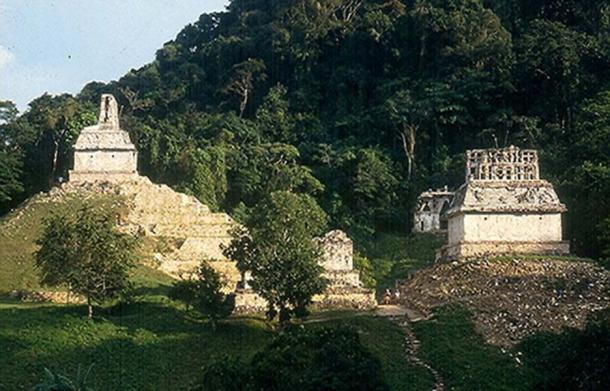 The Cross Group: Temples of the Cross (left), Foliated Cross (far background), and Sun (right). Photo by permission, Thomas F. Aleto.