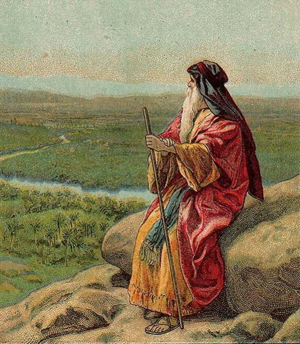 The Death of Moses, as in Deuteronomy 34:1-12, illustration from a Bible card published 1907 by the Providence Lithograph Company. 