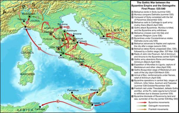 The Gothic War, covering the period from the first Byzantine attacks in 535 AD until the fall of Ravenna in 540 and the recall of Belisarius. (CC BY-SA 3.0)